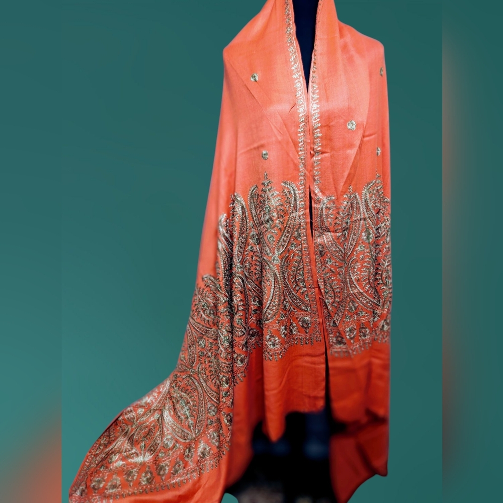 Ark Work/ Aari Work Embroidered Coral Shawl